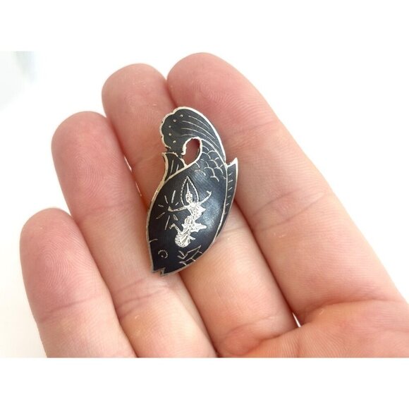 Dancing Angel Fish Shaped Siam Sterling Silver 925 Vintage Nielloware Brooch Pin - Picture 3 of 6